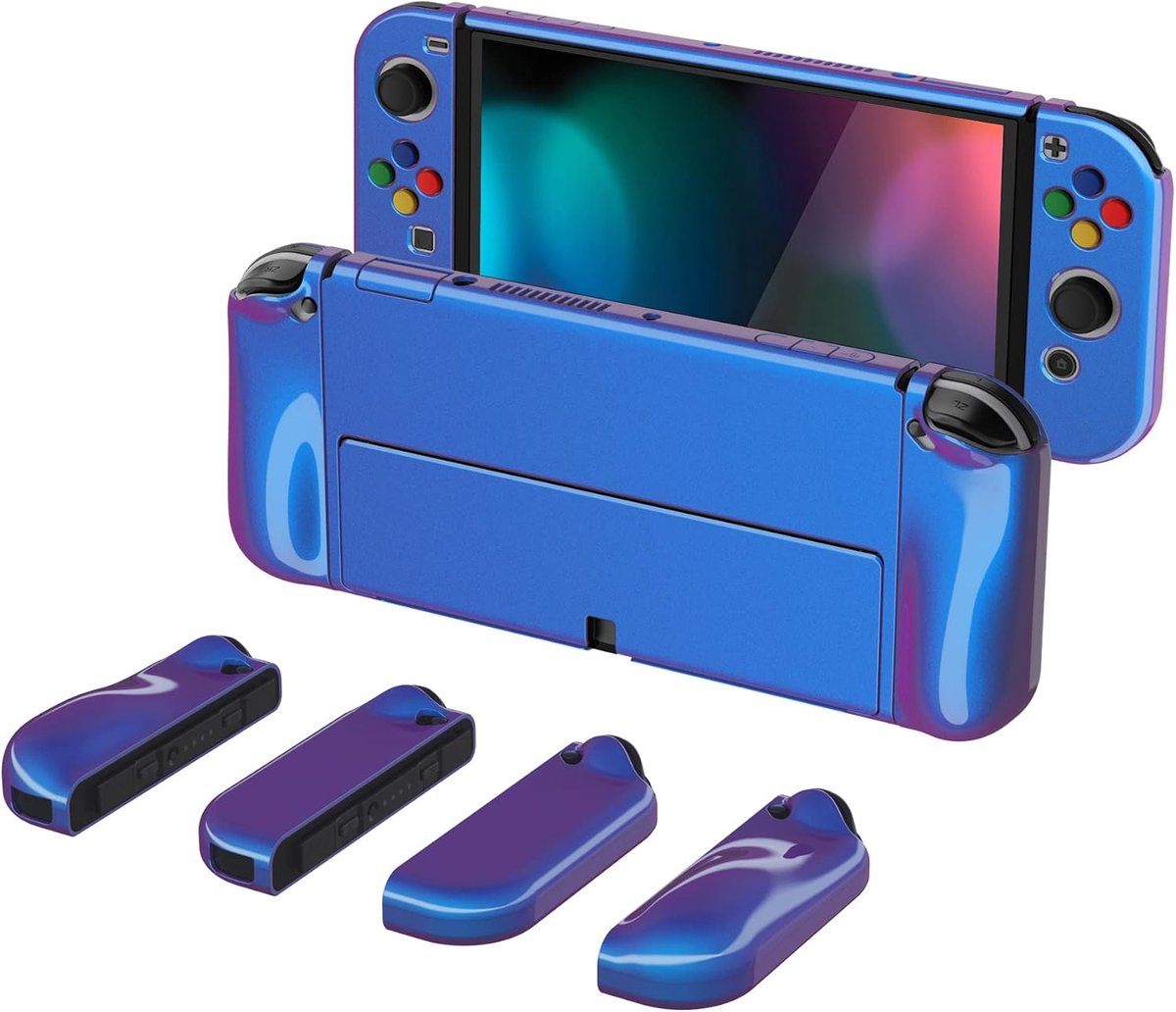 Beschermende Case Cover voor Nintendo Switch OLED - AlterGrips Dockable Hard Shell met Ergonomische Grip Cover, Inclusief Duimgreep Caps & Knop Doppen (Kameleon Paars Blauw)