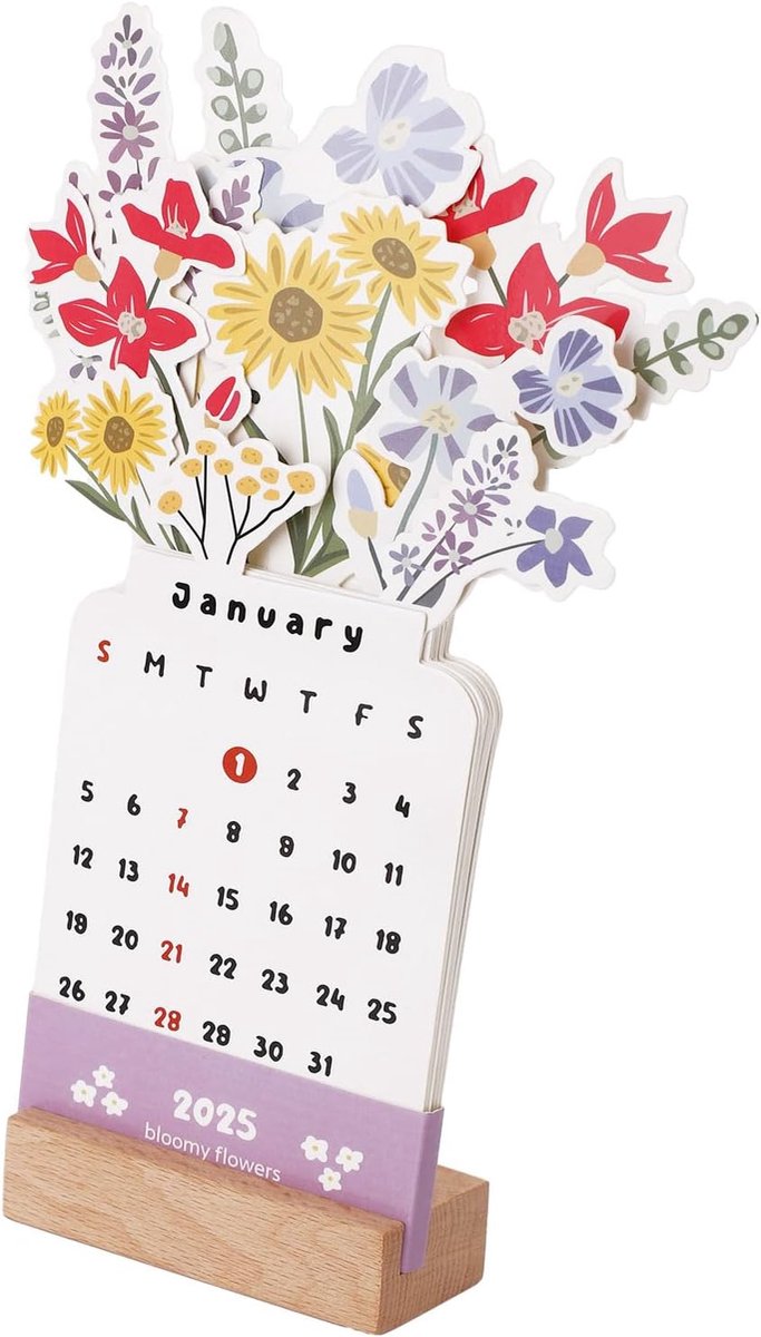 Creatieve Bloemenbureaukalender met Houten Voet Bloeiende Bloemenbureaukalender Kleine Bureaukalender met Voet voor Thuiskantoor en School
