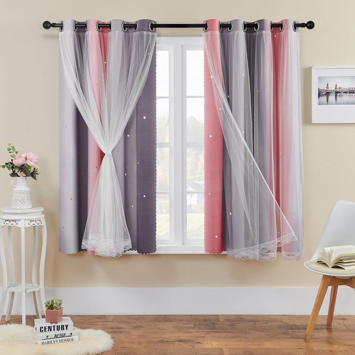 Regenbooggordijnen voor slaapkamer, holle sterren, decoratie, thermisch geïsoleerd, grijs mesh gordijnen met ringen voor kinderen, meisjes, raambekleding, roze, lichtgrijs/132/160/2 IT