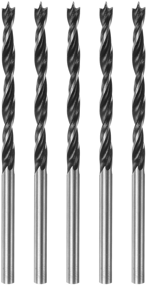 5 stuks Brad-punt boren, 3,5 mm (9/64 inch) diameter, rechte ronde schacht, staal, metrisch, Brad-punt, 1,4 inch boordiepte, spiraal voor timmerman, hout