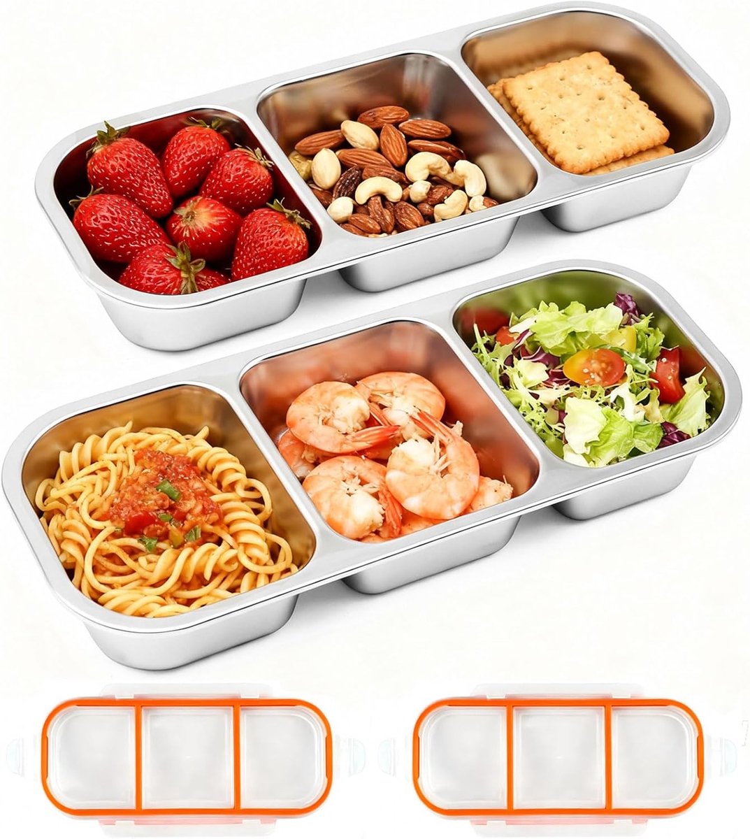 snackbox met 3 vakken, 2 stuks snackbox met vakken roestvrij staal, snackbakje met deksel BPA-vrij broodtrommel voor school, kamperen, werk （26,2 x 10,5 x 5 cm）