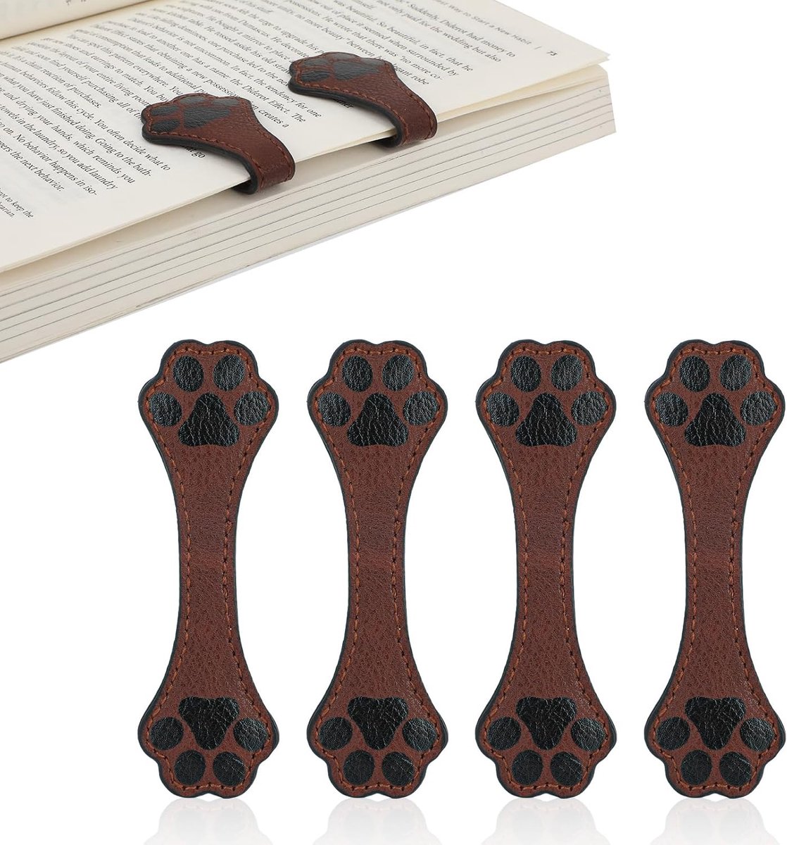4st Magnetische Leren Bladwijzers, Hondenpootvormig Magnetische Bladwijzerclips Vintage Magnetische Bladwijzer Cadeau voor Lezen Boekenliefhebbers Vrouwen Mannen Studenten Leraren (Bruin)
