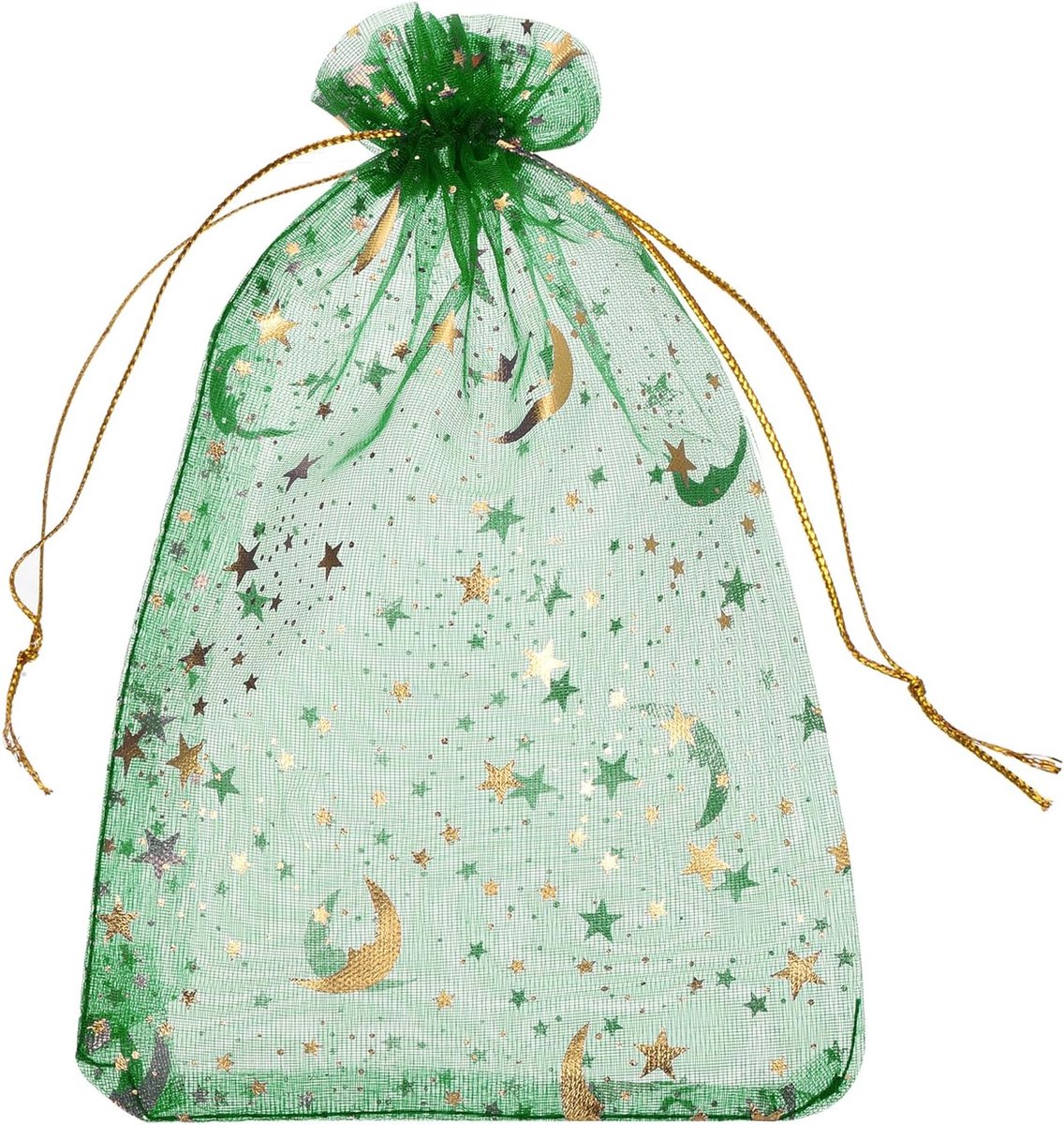50 stuks organzazakjes, 10 x 15 cm, cadeauzakjes, sieradenzakjes, Moon-Star-patroon, mesh-zakjes met trekkoord, organzazakjes voor bruiloft, feest, Kerstmis, snoep, groen-goud