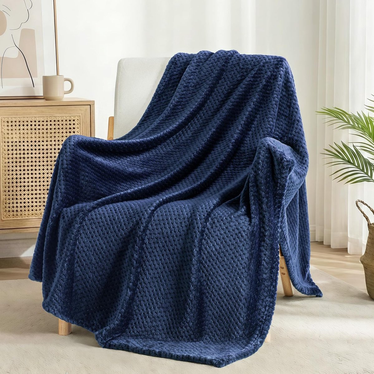 Mezcla Fleece Deken voor bed, super zacht en warm, alle seizoenen, gezellig, pluche, lichtgewicht, 130 x 170 cm, Marineblauw | Flanel, wafeljacquard, veelzijdig inzetbaar, alle seizoenen, bed en bank, machinewasbaar, droog, marineblauw