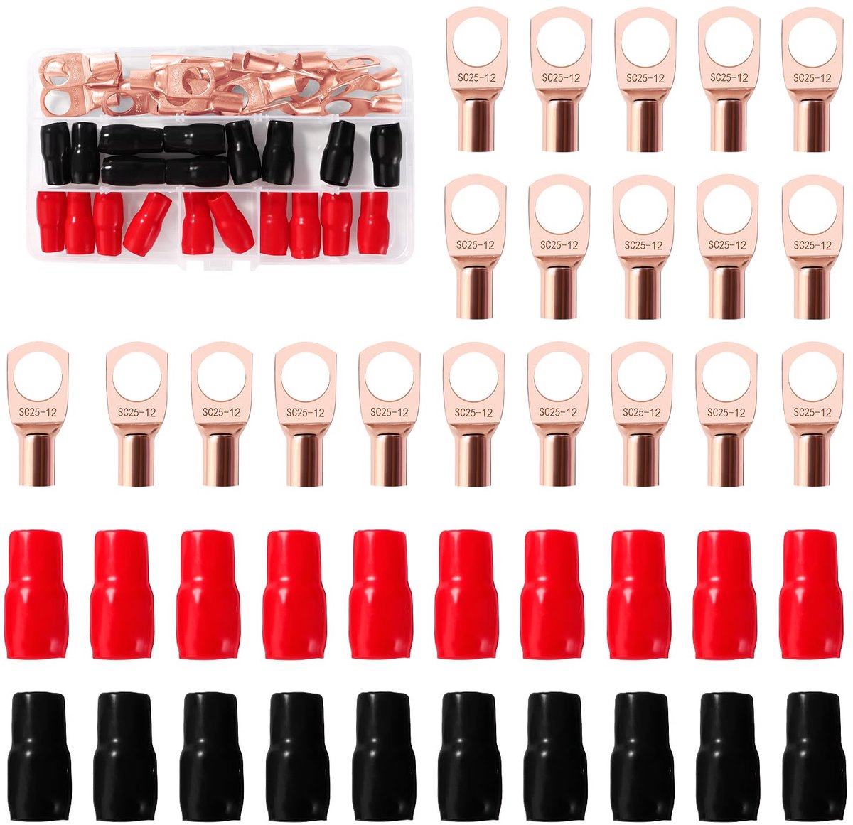 40 Stuks M12 SC25-12 AWG4 Ringklemmen Set, Buisvormige Batterijkabeluiteinden, Batterij Kabel Eind Terminals, met Isolatie Mouwen, voor Elektrische Kabel, Gouden