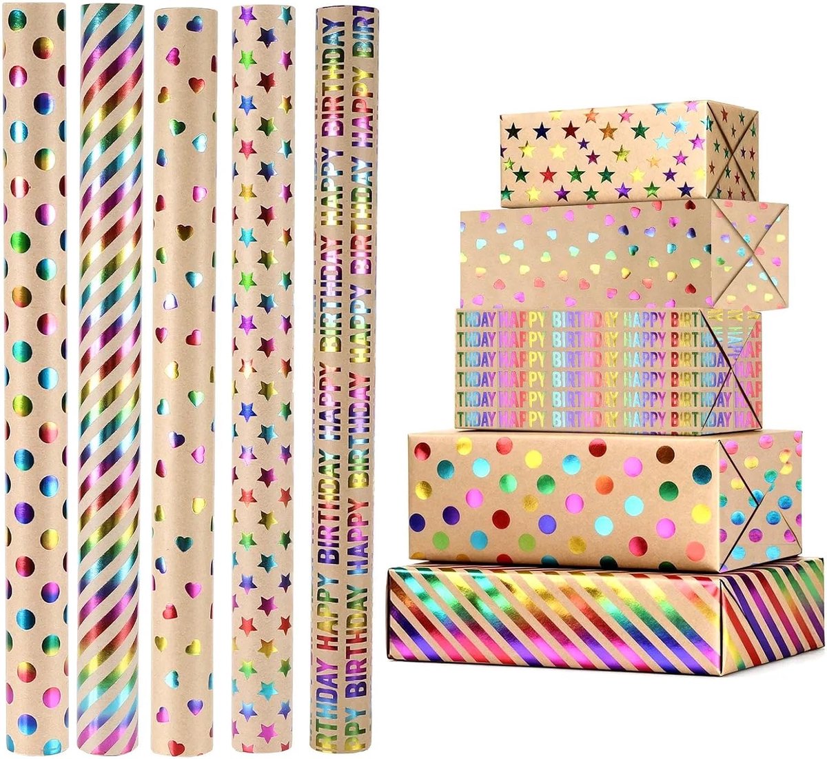 Cadeaupapier voor Kerstmis, 43 cm x 300 cm, bevat 2 rollen dubbelzijdig plakband en 1 rol touw, natuurlijk kraftpapier, kerstcadeaupapier, verjaardagscadeau