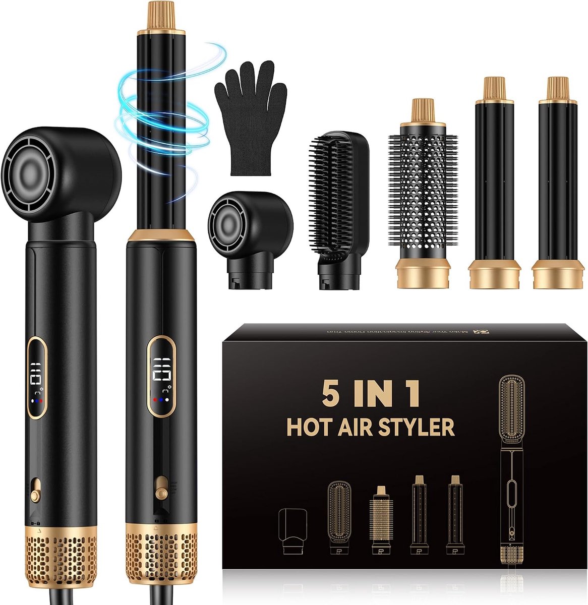 5-in-1 Hairstyler haarstyler, 1000 W, LCD-luchtborstel, ronde borstel, krultang en stijltang, 3 temperatuurstanden voor volume, gladmaken, krullen en blowout styling