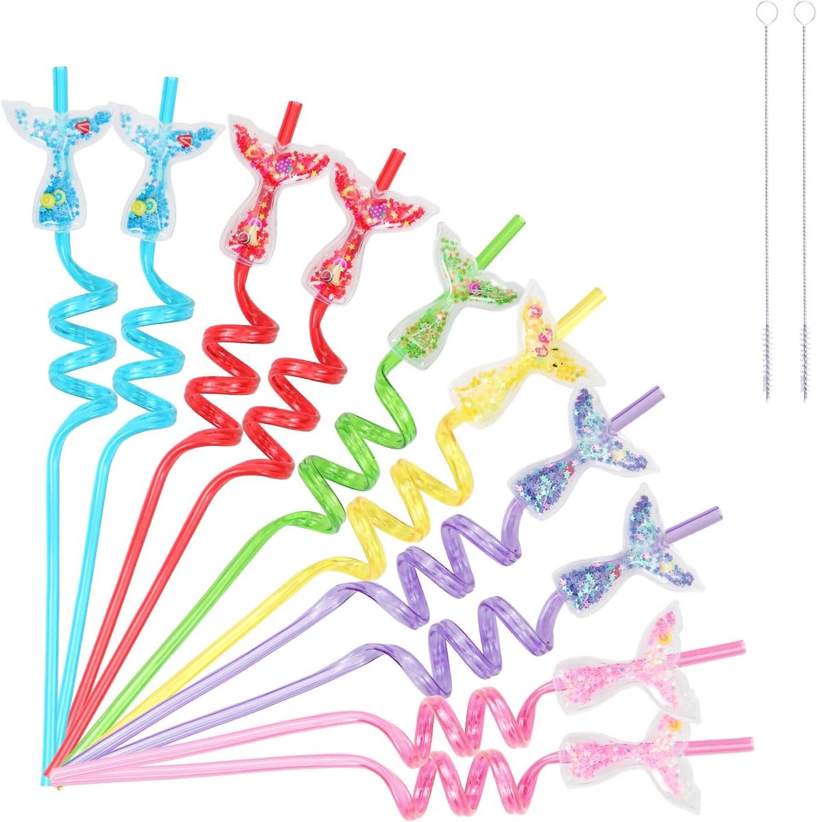 Rietjes voor kinderen, 10 stuks rietjes met zeemeerminthema + 2 rietjes, kleurrijke plastic rietjes, spiraalrietjes, herbruikbaar, voor feestjes, verjaardagen, kinderen, familiebijeenkomsten