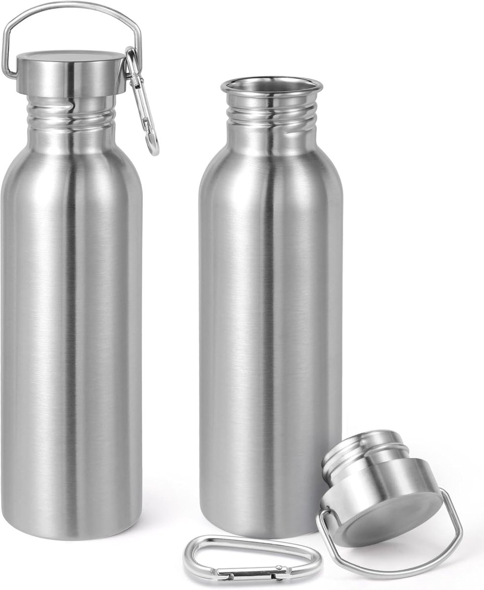 26oz ongeïsoleerde enkelwandige waterflessen 2 stuks, roestvrijstalen herbruikbare waterfles met handvat en karabijnhaak, BPA-vrije waterflessen met brede opening voor sportschool, sport