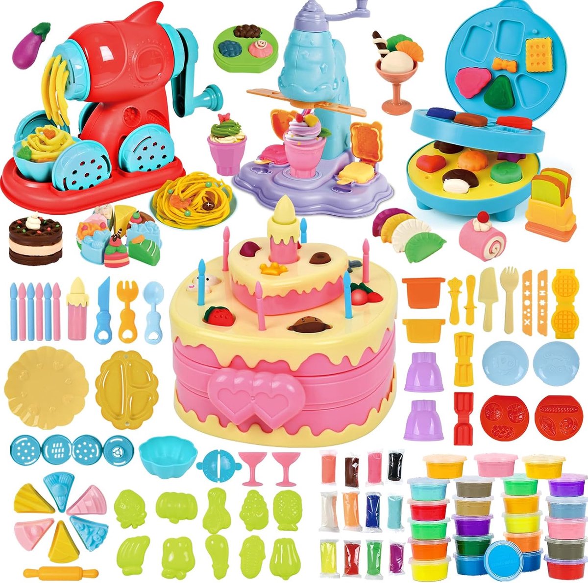 Vormen voor kneedmassa, 102 stuks modelleermassa, kneedmassa voor kinderen, Play Doh met Noodle Playset, Playdough kneedmassa, accessoires, cadeau, spelletjes voor kinderen