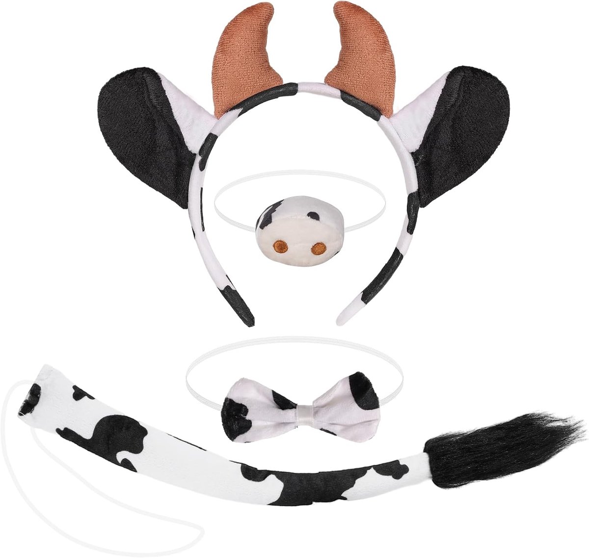Kostuumset met oren en koeienstaart met oren, haarband, vlinderdas, neus en staart voor dierenkostuum, cosplay, verjaardag, Halloween, carnaval, zwart