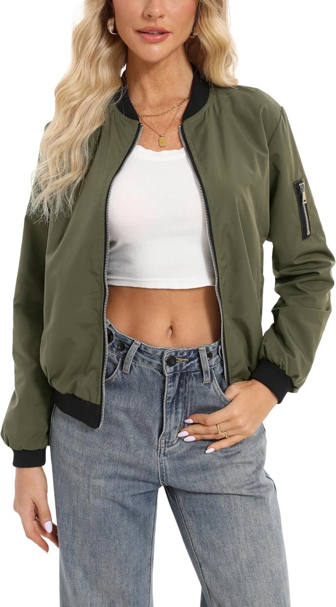 Bomberjack voor dames, lange mouwen, overgangsjas, korte blouse, casual jas, herfst, lichte outwear, pilotenjack met zakken