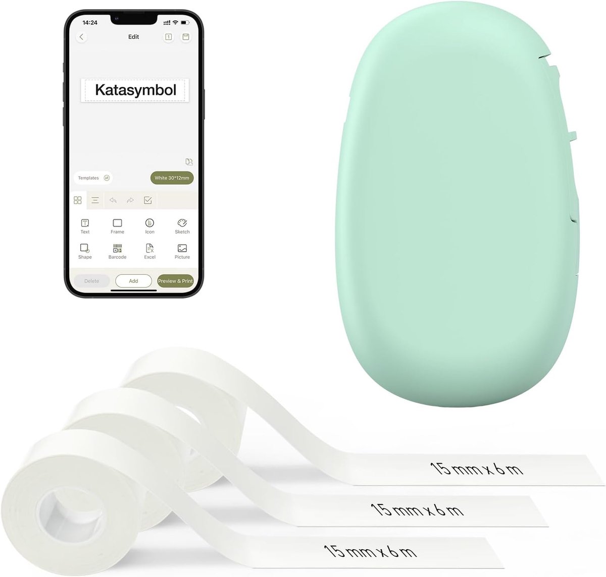 E10 Bluetooth Label Printer met 3 Rol doorlopende Etiketten, Groen | App met 30+ Lettertypen, 50+ Sjablonen, 600+ Pictogrammen, Inktloos, voor Thuis, Keuken, School en Kantoor