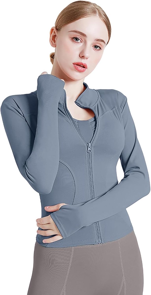 Sportjack voor dames, slimfit, hardloopjack, fitnessjas, lange mouwen, licht, trainingsjack met duimgat, ritssluiting, opstaande kraag, ademend, sneldrogend, yoga, joggen, sport top