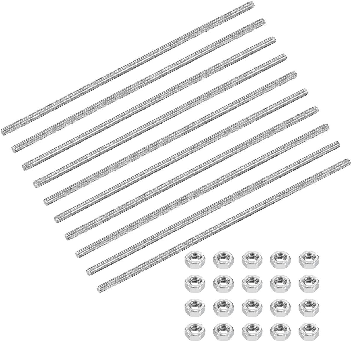 Set van 10 draadstangen, M5-0,8 x 200 mm, compleet, draadstangen, pen met moeren, 304 roestvrij staal, lange schroeven, hardware voor U-bouts, anker, klemmen, ophangingen, zilver