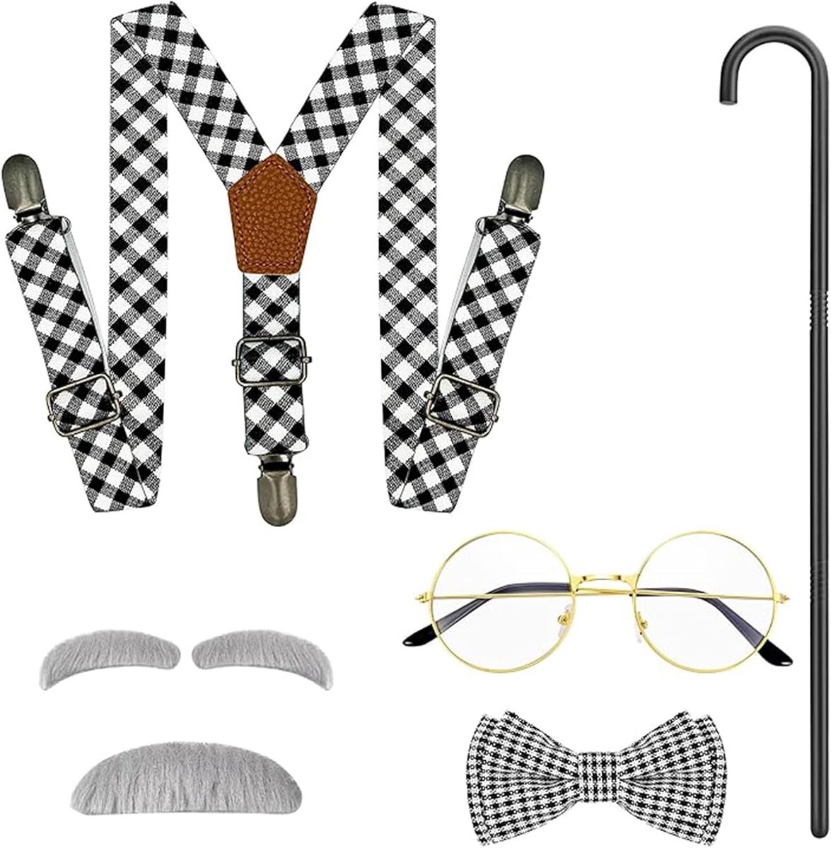 1 set oude man kostuum accessoires, opa kostuum voor kinderen met valse wenkbrauw, baard, bril, bretels, wandelstok, oude opa kostuum voor kinderen voor carnaval, cosplay, Halloween