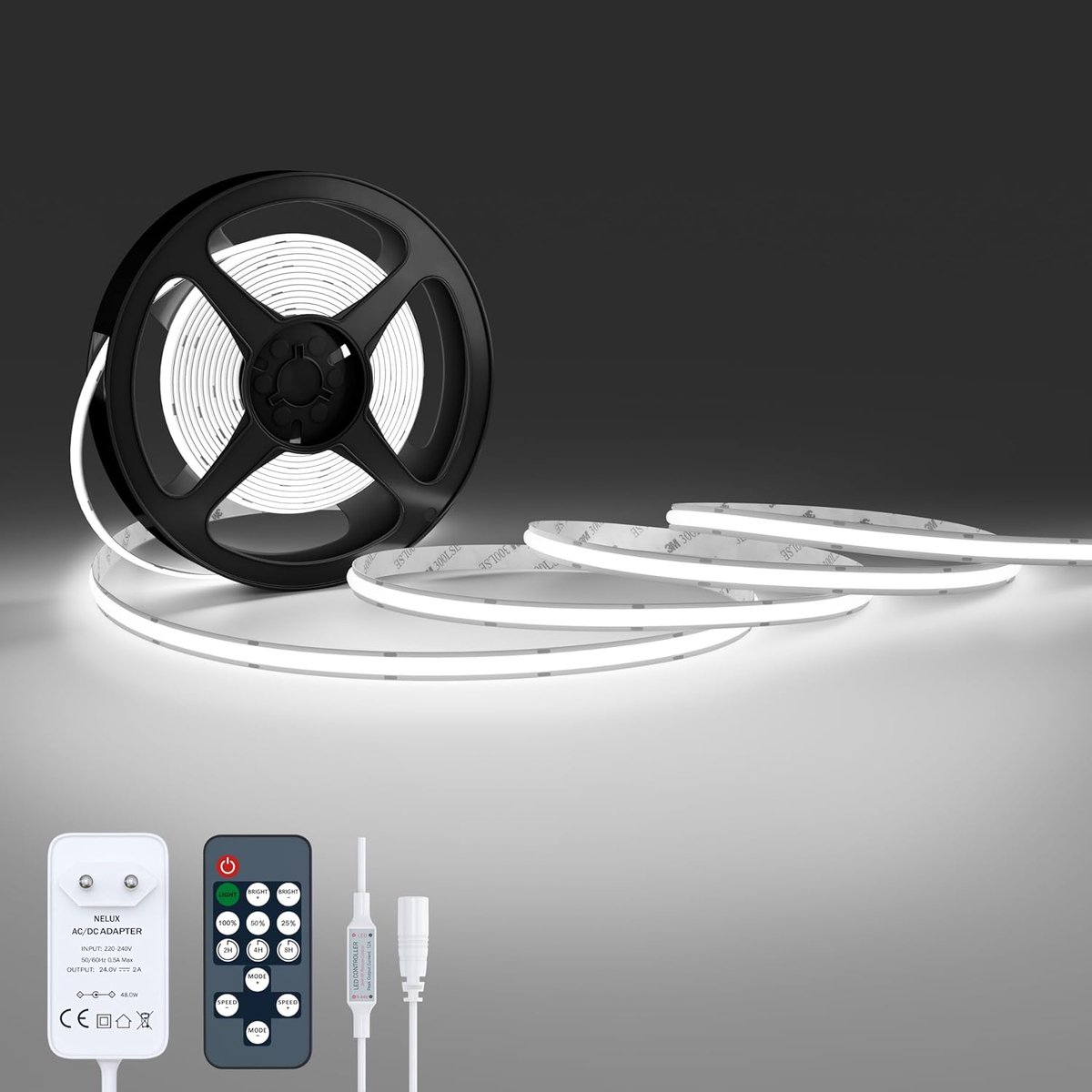 LED Strip Light 2 meter Koud Wit | LED Lights Cold White | Ledstrip Verlichting Indirect Dimbaar - Wit Licht Decoratie TV Keuken | Incl. Zelfklevend, Dimmer & Voeding 24V | 480LED/m (6500K)