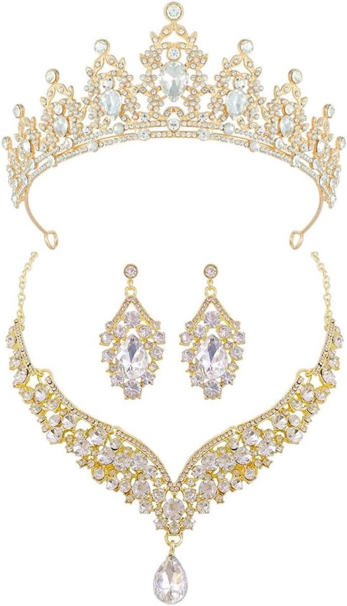 bruidssieradenset, 3-delig, glinsterende kroon, V-halsketting en druppeloorbellen, luxe sieraden voor bruiloften en speciale gelegenheden