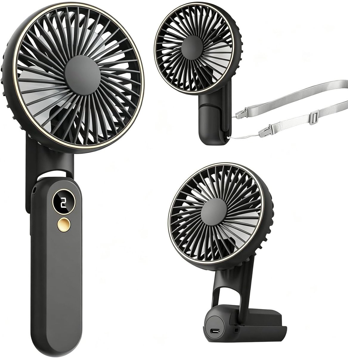 Draagbare Handventilator - Zwart - 24 x 15 cm - Oplaadbare Ventilator met 5 Snelheden - Voor Binnen en Buiten