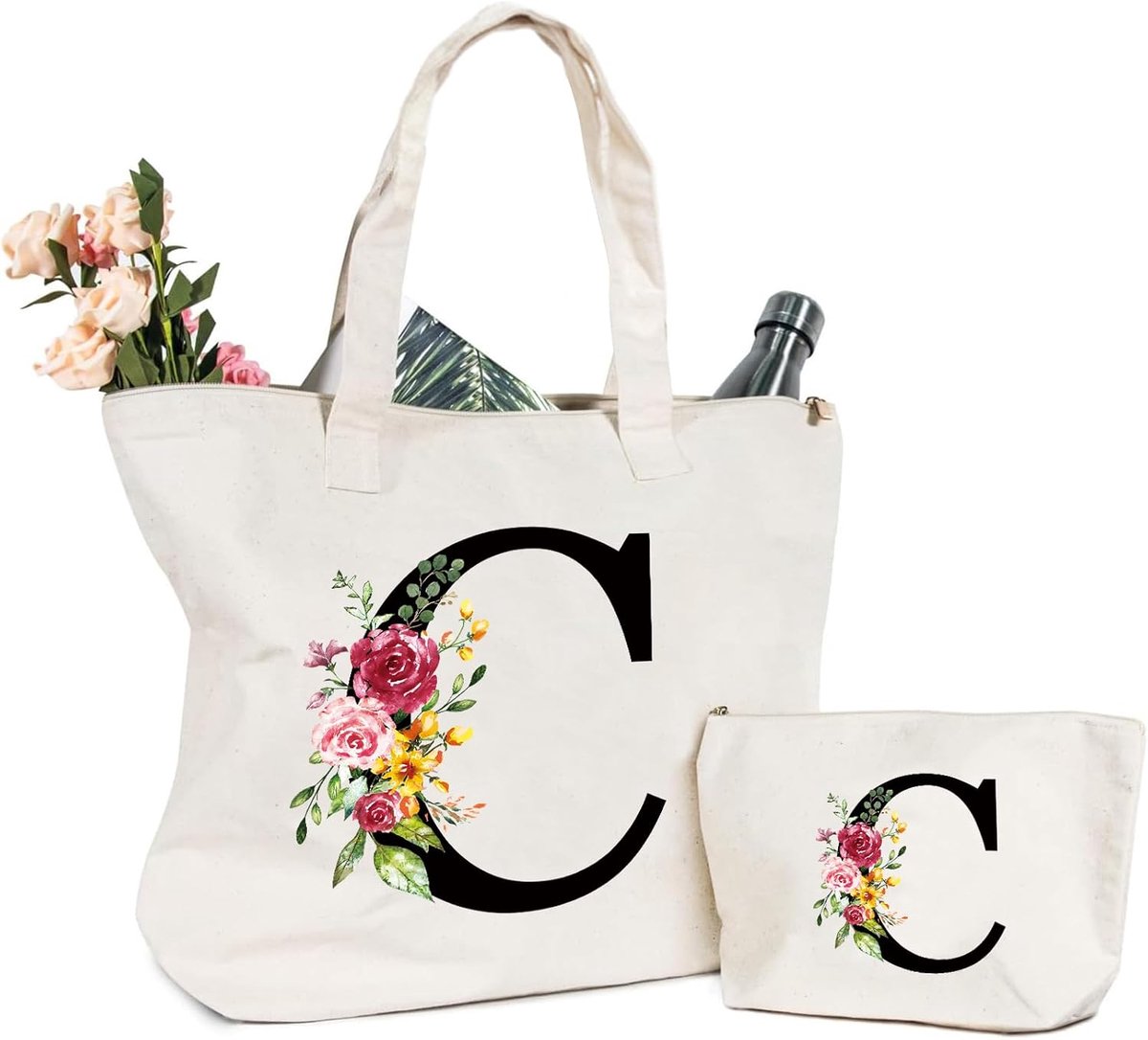 lettertas, boodschappentas voor dames, met initialen en bloemen, boodschappentas met binnenvak, alfabet, cosmeticatas, cadeaus voor dames, vriendin, moeder, verjaardagscadeau, c
