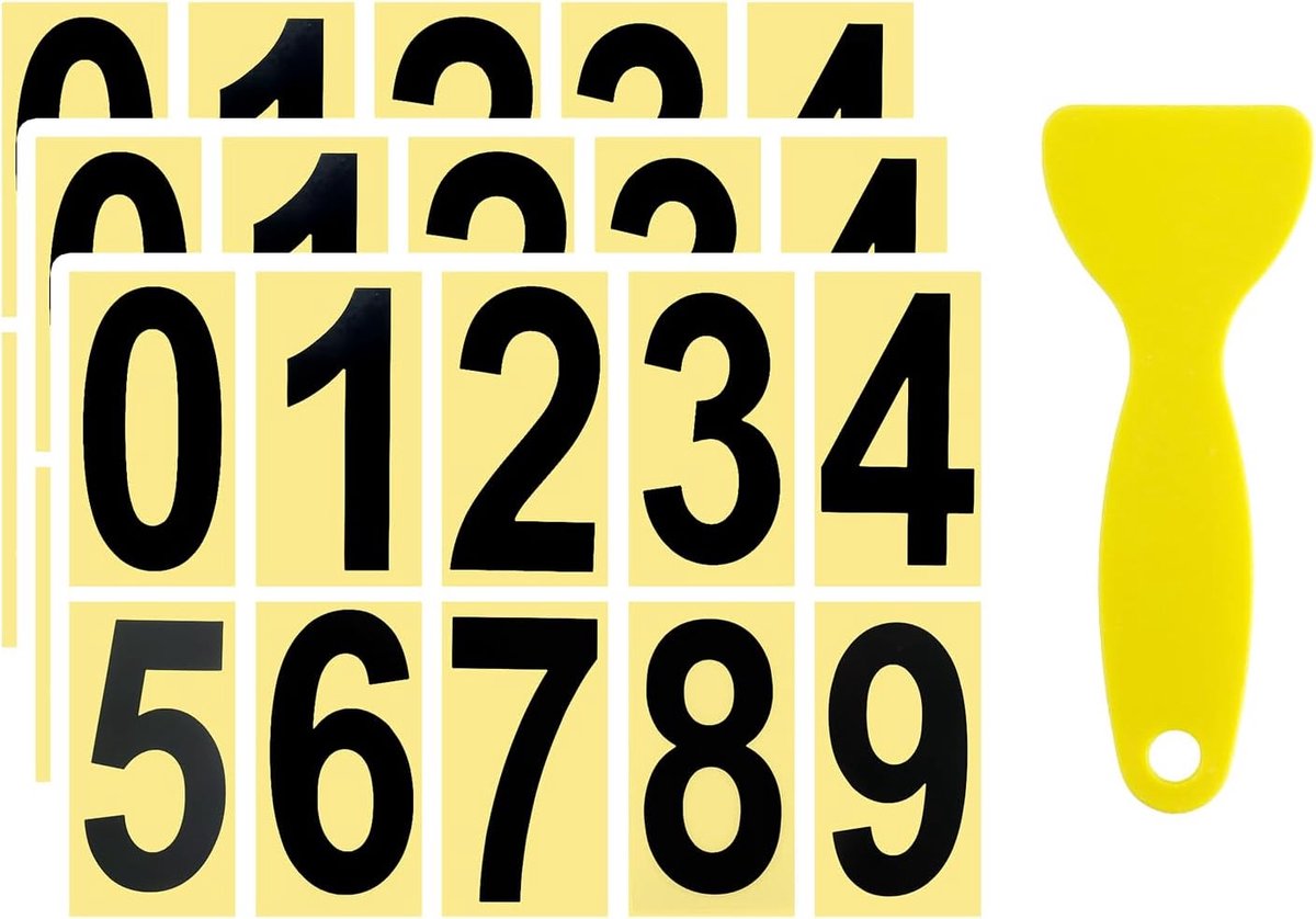 30 vellen reflecterende nummerstickers, zwarte cijferstickers met 1 stuk gele schraper, zelfklevende stickers, waterdichte nummerstickers voor deur, exterieur