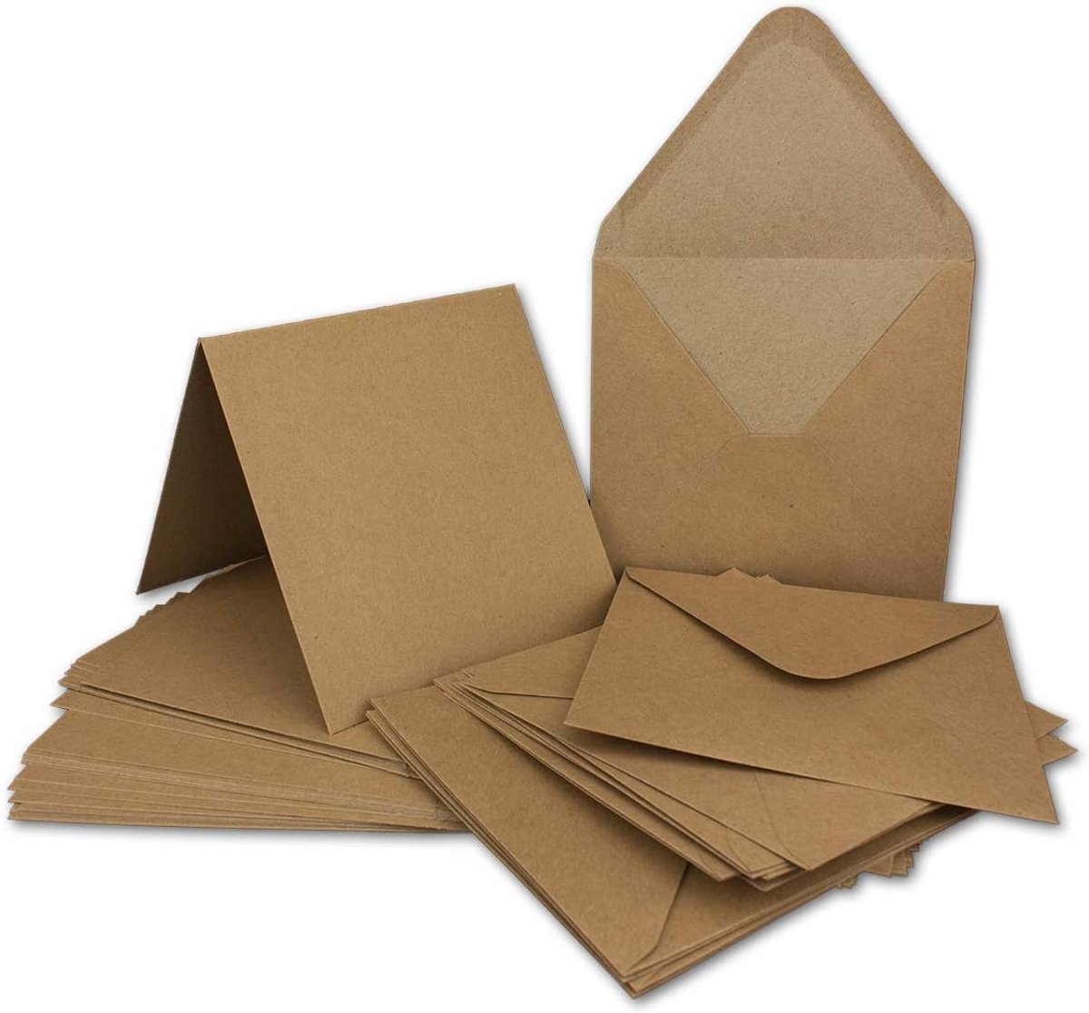 Set van 50 vouwkaarten, vierkant, vintage, bruin, gerecycled, 13,5 x 13,5 cm, 220 g/m², met enveloppen, vierkant, 14 x 14 cm, 90 g/m², nat lijmen