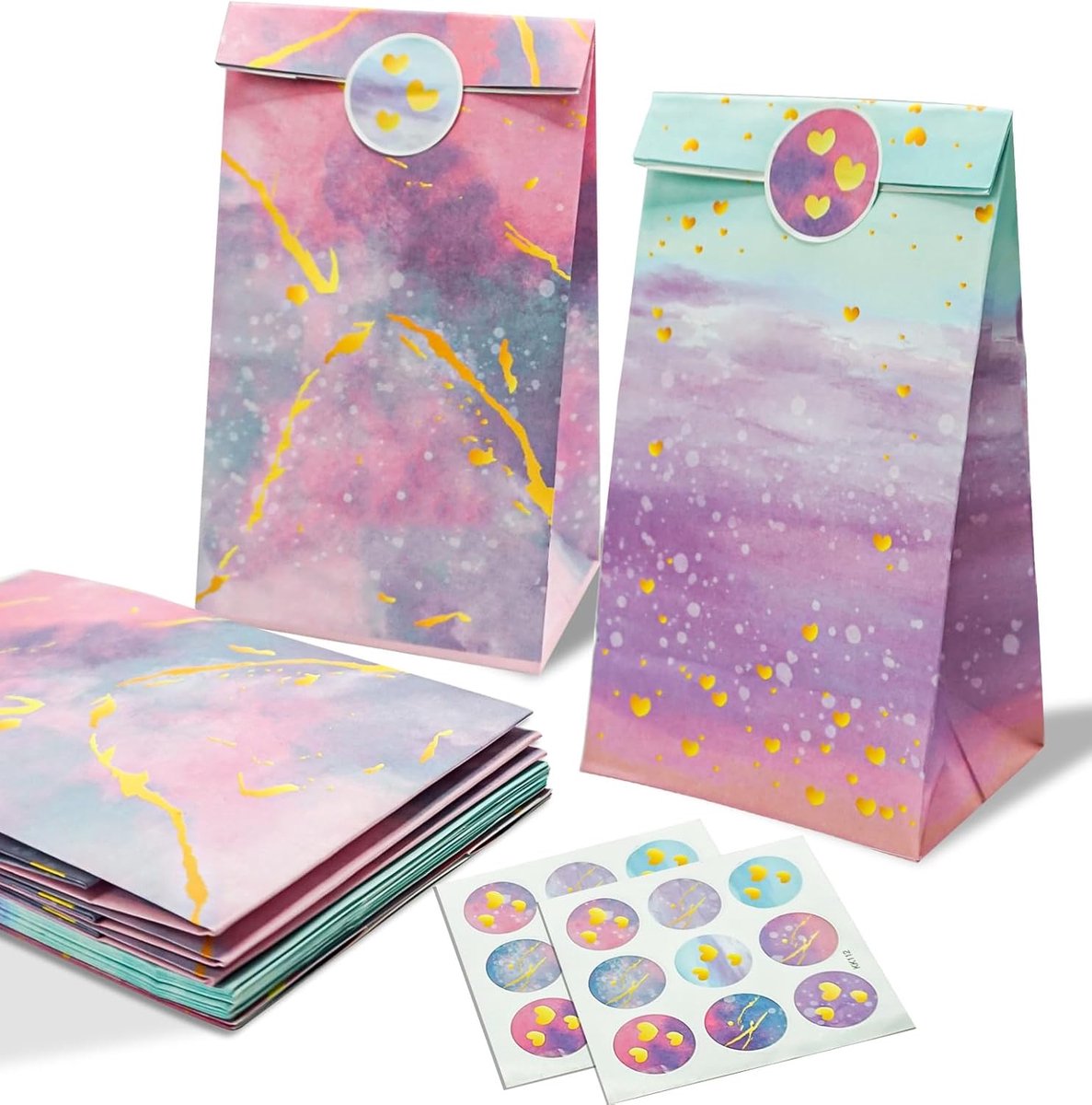 zakjes, 12 stuks, dye cadeauzakjes, papieren zakken voor kinderen, met 18 schattige stickers, cadeauverpakking, papieren zakken, kraftpapieren zakjes, snoepzakjes voor het verpakken van