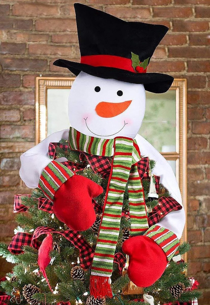 Kerstboomtopper, 37 cm grote sneeuwpop kerstboom hoge hoed met 53 cm lange strepen sjaal en arm voor thuis kerstvakantie winter wonderland feest decor desktop ornamenten