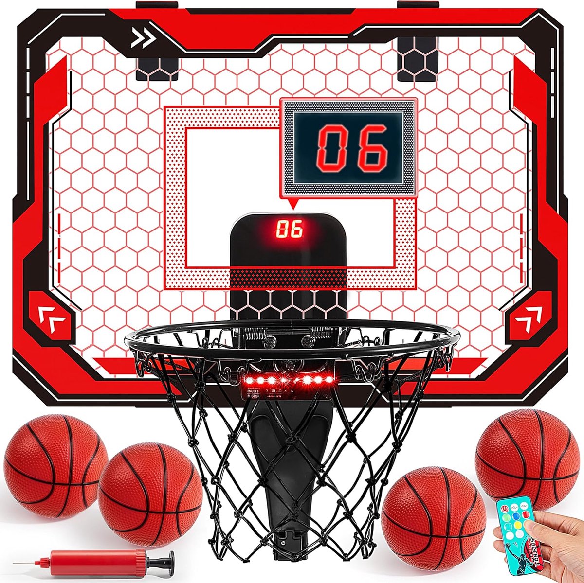 Verlicht indoor basketbal ring voor kinderen, mini over de deur ring met elektronisch scorebord en 4 ballen, basketbal speelgoed cadeau voor jongens en meisjes van 3-12 jaar