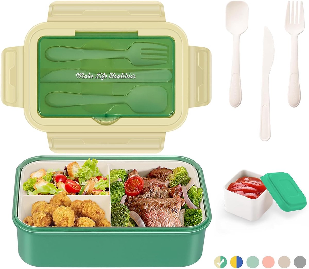 Lunchbox voor volwassenen en kinderen, Bento Box, broodtrommel, 1400 ml, met 3 vakken, incl. bestek, de snackbox is geschikt voor magnetrons en vaatwassers, voor school, werk, picknick en op reis, groen + sausbakje