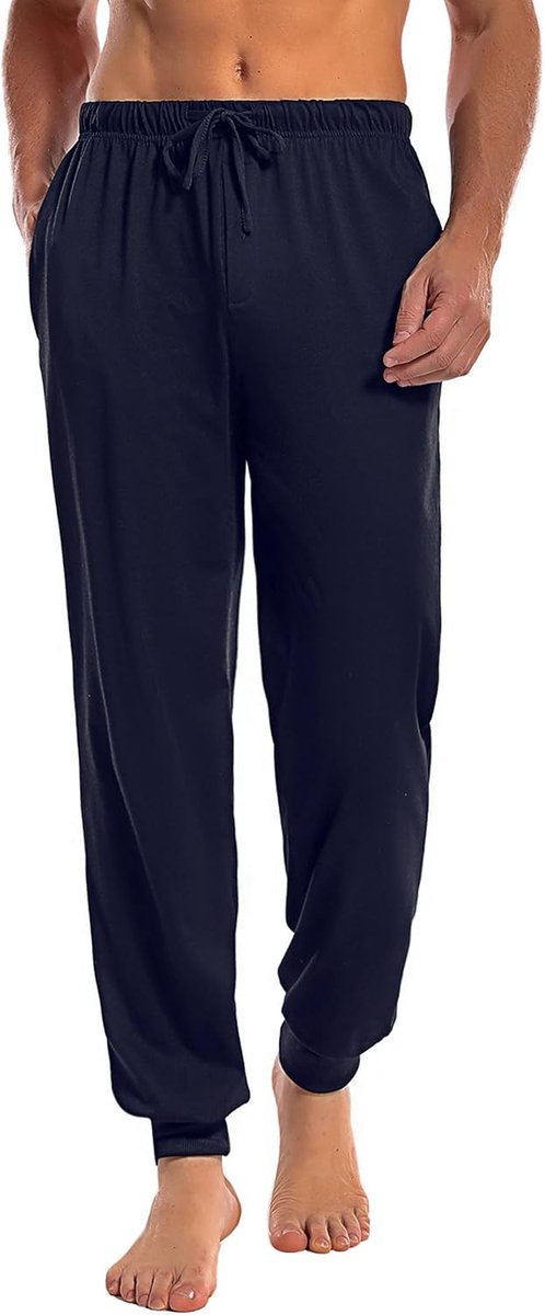 Pyjamabroek voor heren, lang, met manchetten, effen pyjamabroek voor mannen, slaapbroek, huisbroek, vrijetijdsbroek met knoopsluiting
