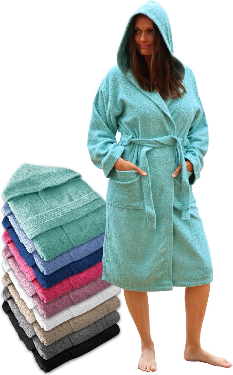 Damesbadjas met capuchon 100% katoen - Unisex badjas van badstof 450 g/m², met ceintuur en zakken, ideaal na douche, bad of zwembad