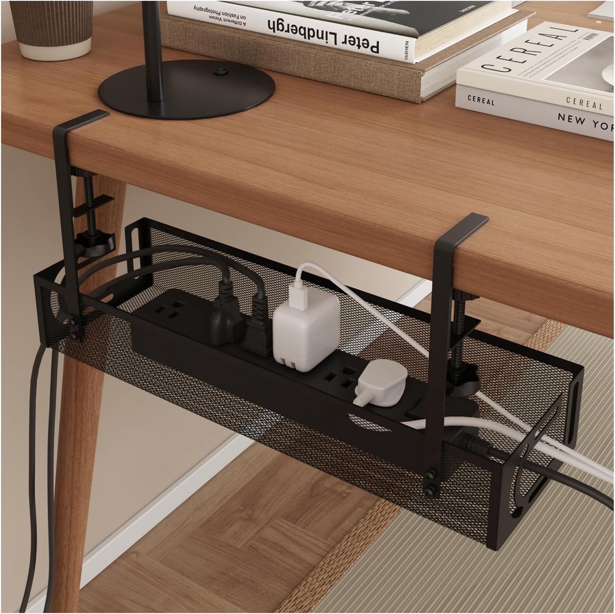 Kabelbeheerlade voor onder bureau - kabelbeheerorganisatorenhouder, kabelbeheer onder bureau, geen boren naar bureau, kabeldoorvoer, onder bureauopslag voor kantoor, keukens, thuis (zwart)
