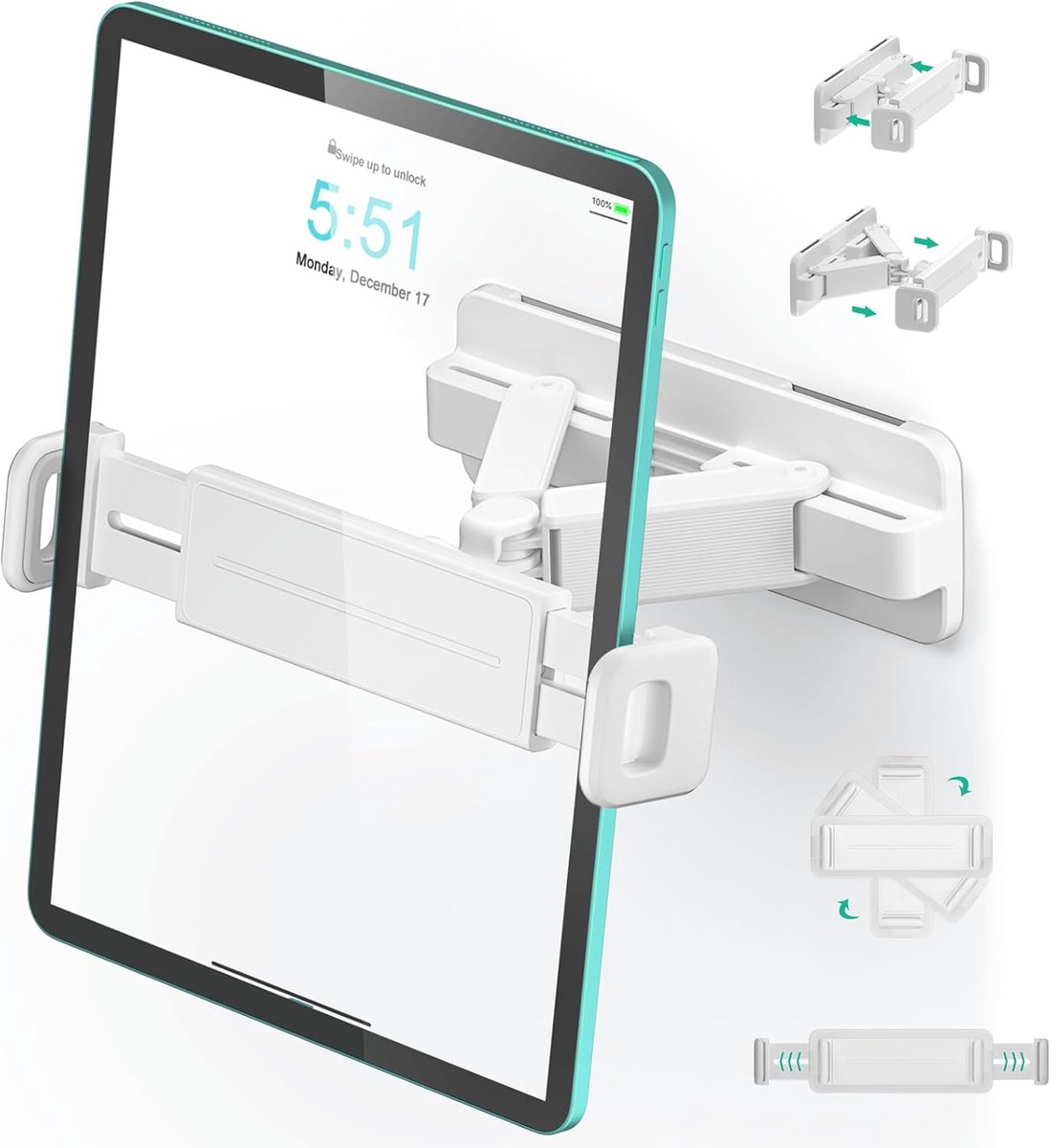 tablet wandhouder, 360° draaibaar/kantelbaar, 2 montageopties (kleven of boren), schroevenset inbegrepen, verstelbare arm, voor 4.7"–12.9" iPad/Kindle/telefoons(Wit)