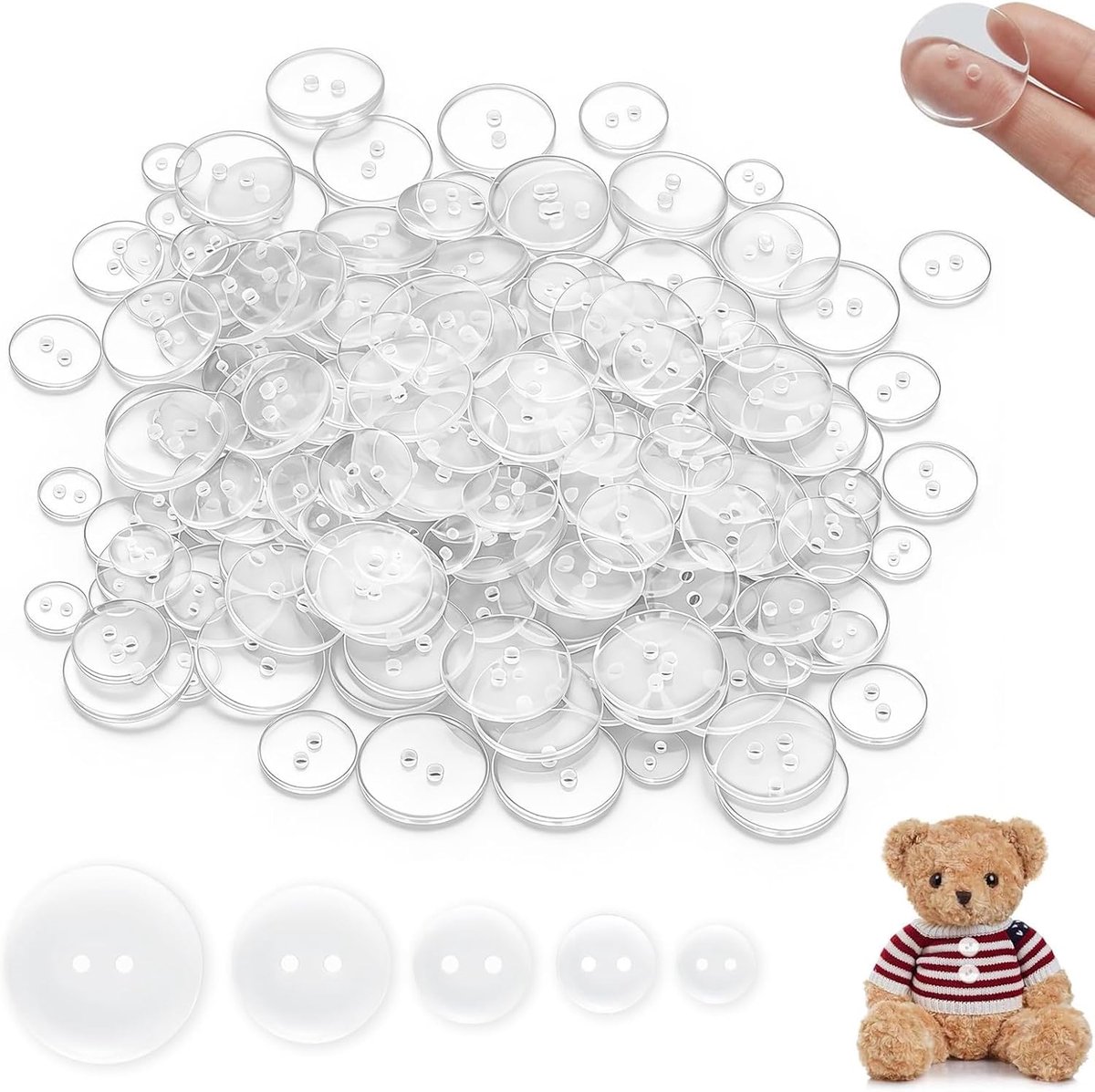 160 Stuks Duidelijke Knoppen - 10mm, 12,5mm, 15mm, 20mm, 25mm Hars Knoppen, Ronde Knoppen met 2 Gaten, Omkeerbaar, Overhemd Knoppen, Ambachtelijke Decoratieve Knoppen