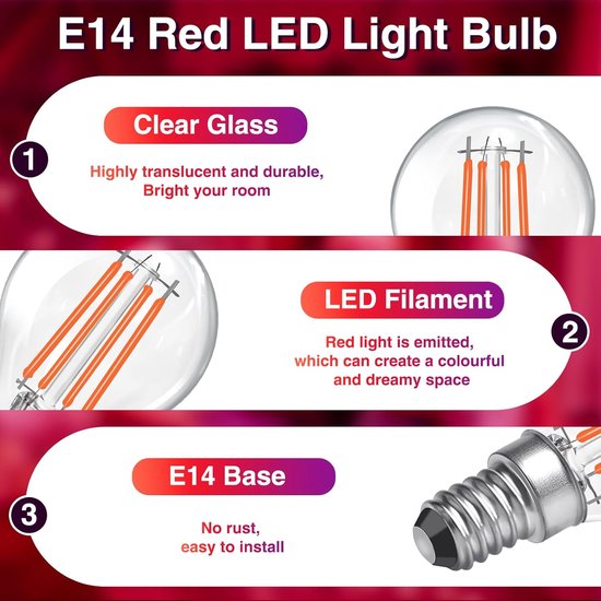 4W rode LED-gloeilamp, 4W rode gloeilamp equivalent aan 40W halogeen, 400LM, AC 230V, Edison schroeflampen, helder glas G45 Globe LED-filamentlampen, decoratie voor Halloween Kerstfeest, 2 stuks — afbeelding 4