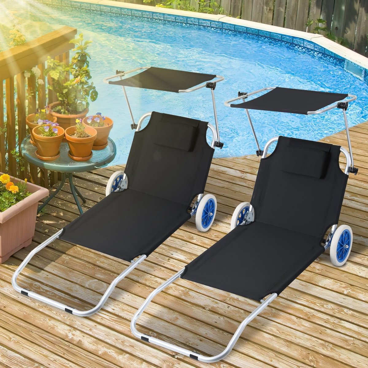 2 x opvouwbare ligstoel met dak, ligstoel met wielen, strandstoel, 5-voudig verstelbare rugleuning, 100 kg belastbaarheid, tuinligstoel, campingligstoel voor strand of zwembadtuin, aluminium,