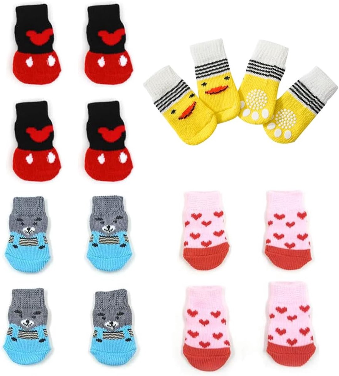 16 stuks anti-slip hondensokken voor kleine tot middelgrote honden, 4 stijlen antislip hondensokken met handgrepen, antislip indoor puppy kat huisdier pootbescherming voor hardhouten vloeren, voorkomt