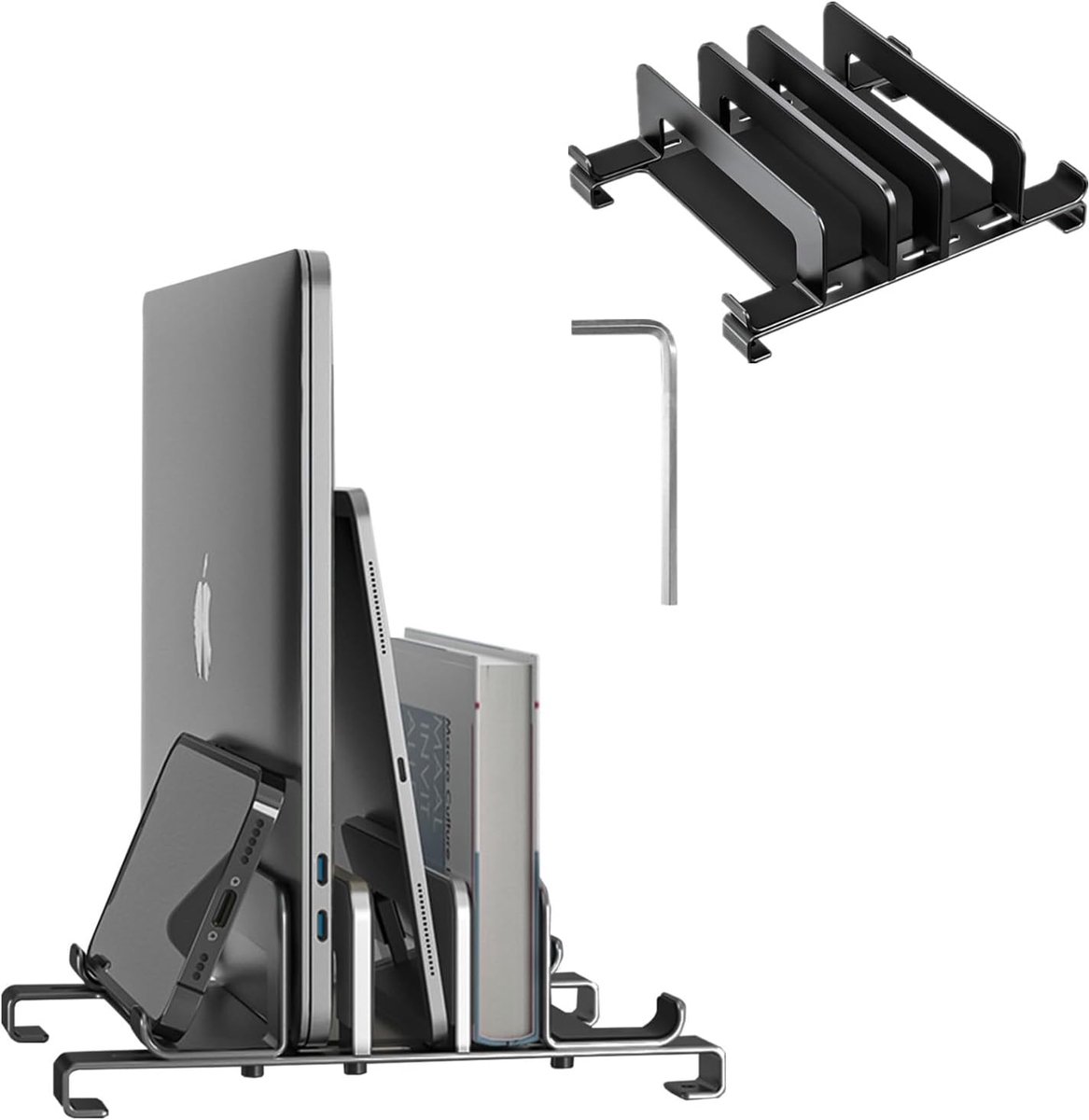 Verticale laptopstandaard, koolstofstaal, laptopstandaard, met 5 sleuven, laptopstandaard, verticaal voor notebook, iPad, verbetert de luchtstroom, voor laptops tot 17,3 inch, zwart