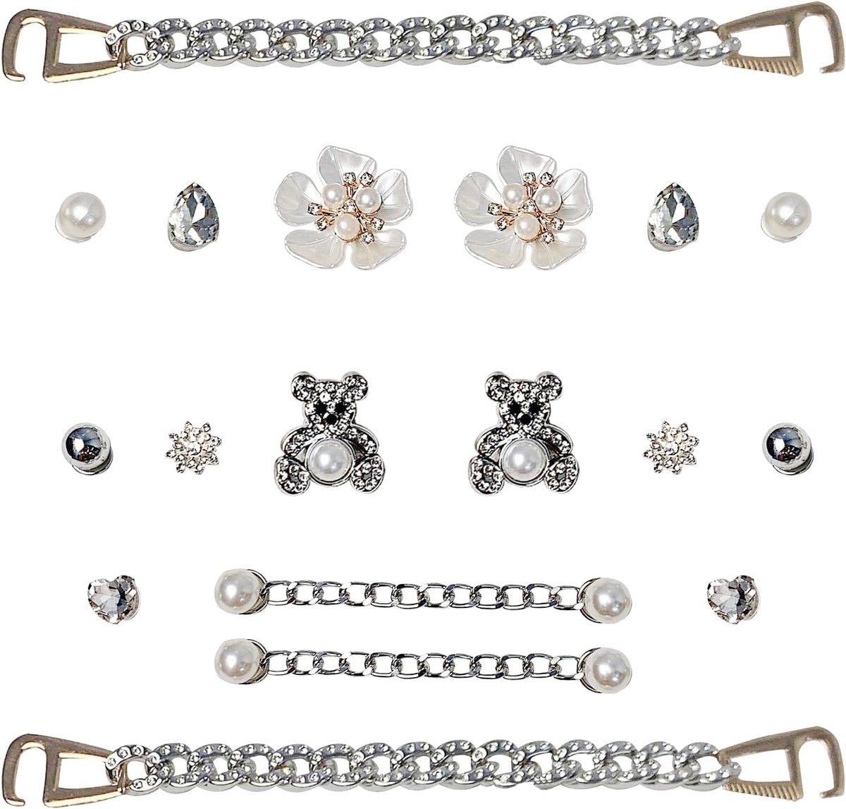 Bedels, sieraden voor croc dames, schoensieraden en bedels met kleine beer, vijfbladige bloem en strass (wit)