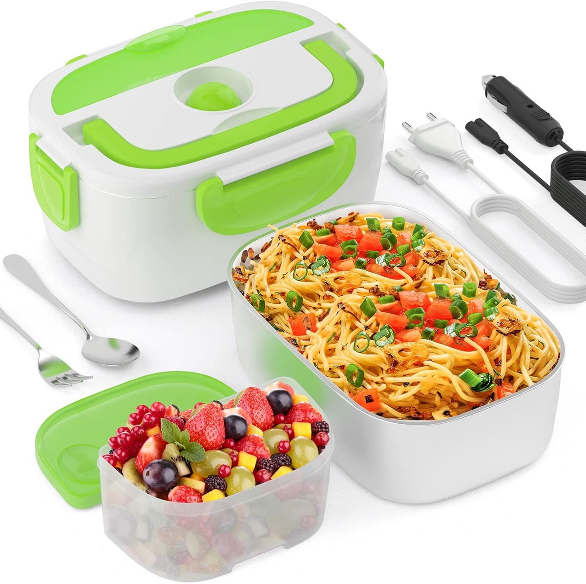 Elektrische Lunchbox Voedselverwarmer 1.5L Roestvrijstalen Lunchbox 220V 12V 24V 3 in 1 Draagbaar voor Thuis en Auto met Blik en Bestek (Wit)