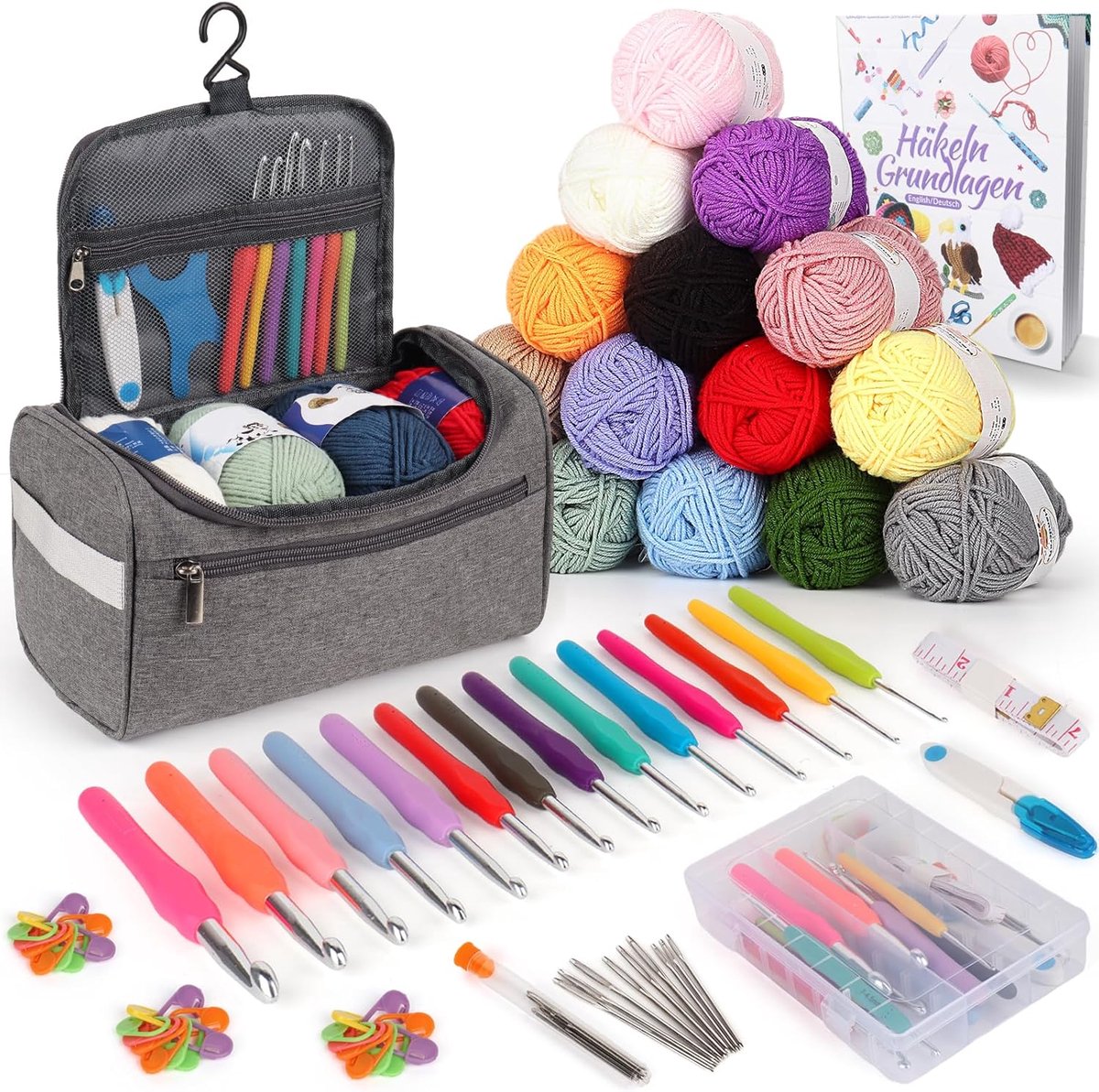73-delig haakset voor beginners, draagbaar haaknaalden set met 15 wol, tas, haakaccessoires, 2,0-10 mm ergonomische haaknaalden met lang zachte greep, praktisch haaknaalden set, lichtgrijs