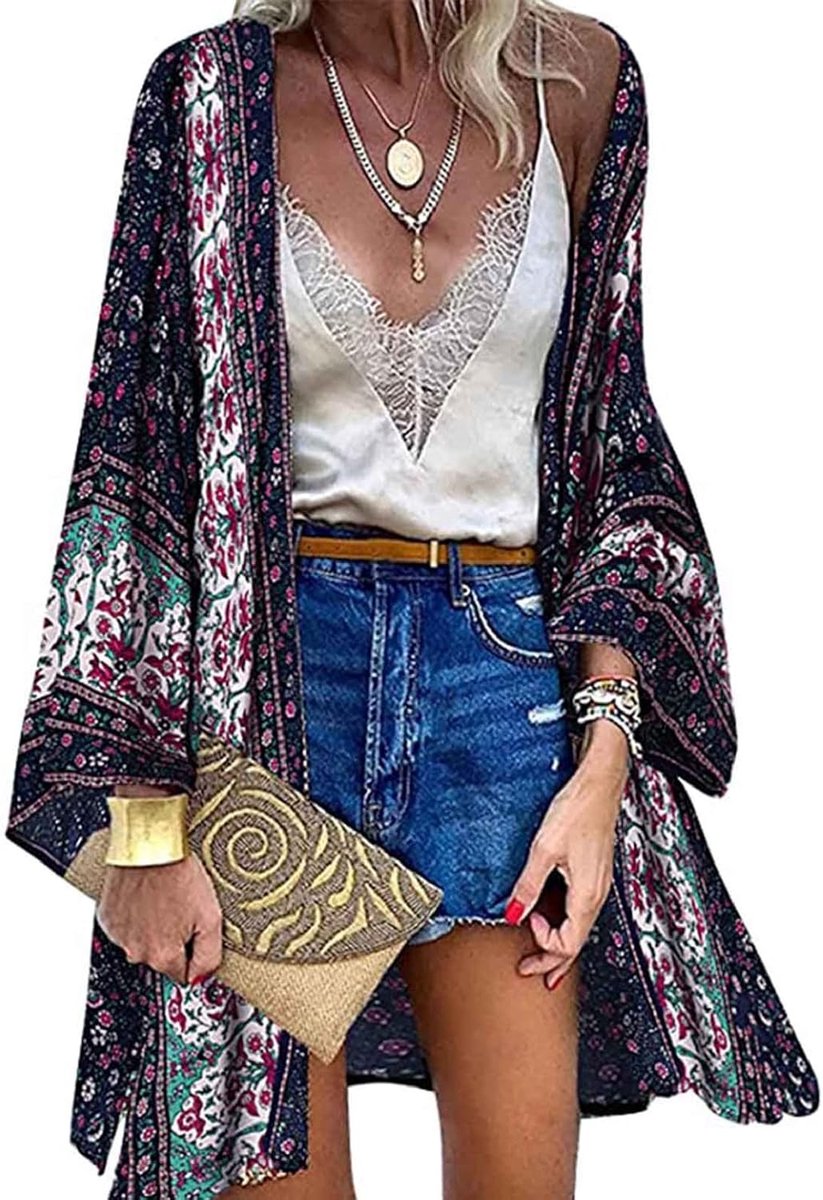 Kimono, vest, dames, bloemenprint, badmode, boho, elegant, beachwear, los, strand, cover-up, bikini, zomer, casual, boho, pareo, sarong, lange mouwen, open blouse