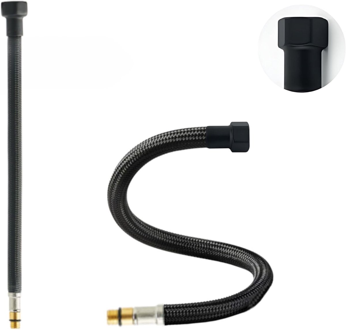 Premium gekleurde flexibele slang zwart en wit 3/8 inch tot 1/2 inch met wartelmoer x M10 buitendraad in uiteenlopende stijlen (3/8 inch Zwart | Zwart Mat, 50 cm)