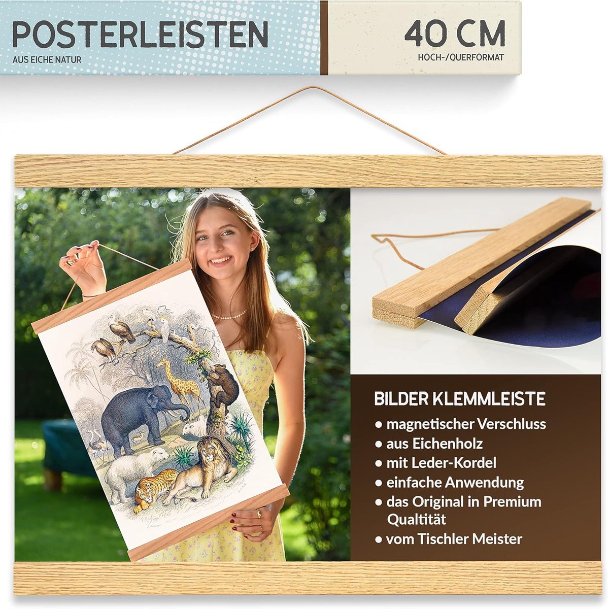 fotolijst van eiken, 40 cm, eenvoudige afbeeldingen op te hangen met magnetische klemrails, de originele houten posterlijst van de timmerman