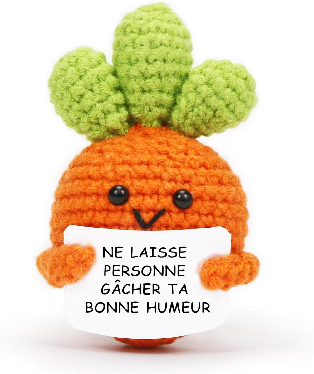 wortel, positieve wortel in het Frans, pluche poppen met positieve kaart, gebreide mini-motiverende wortelen, grappige creatieve pluche cadeaus voor familie, mannen, vrouwen, kinderen