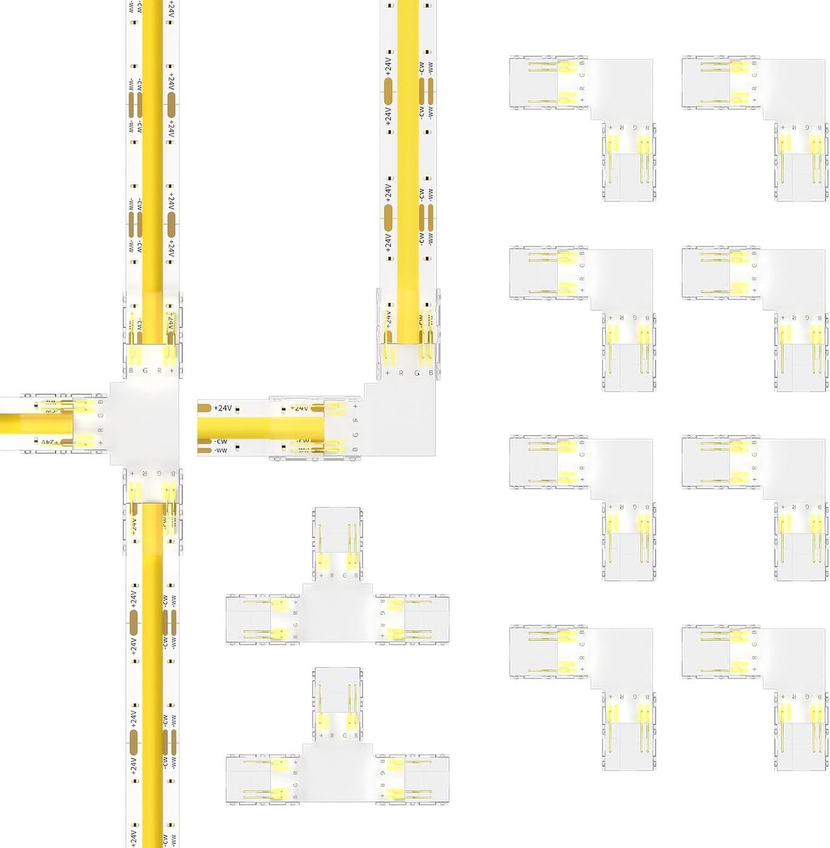 CCT COB LED-strip licht stekkerset voor 3Pin 10mm breed CCT afstembare Cob LED-strip, 8 stuks L-vorm en 2 stuks T-vorm