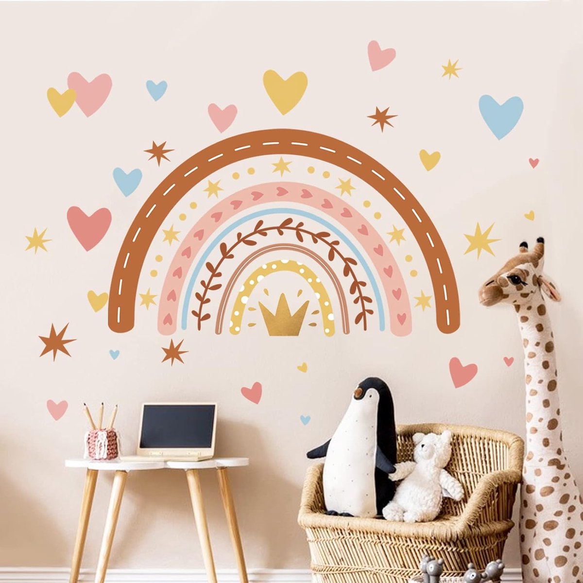Muurstickers Boho Aquarel Regenboog Hart Ster Muurtattoo Baby Kinderkamer Meisje Kamer Babykamer Wanddecoratie