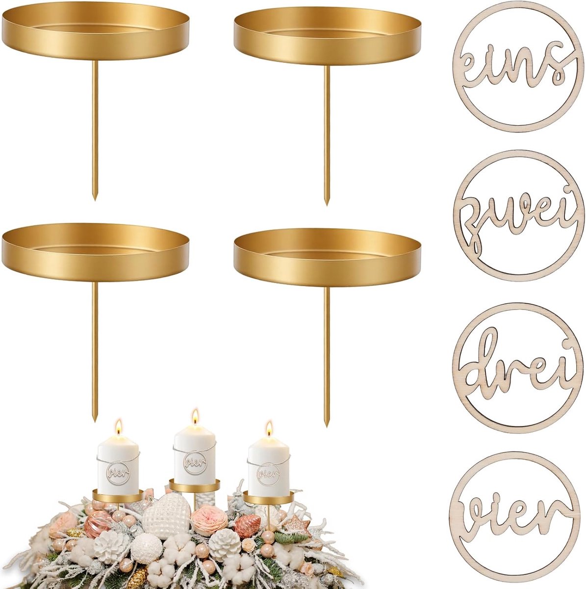 4-delige adventskrans kandelaar goud - ø8cm metalen met houten cijfers 1-4 set, kandelaar kaarsenstekker voor stompkaarsen kaarsen kerstdecoratie staafkaarsenhouder tafeldecoratie