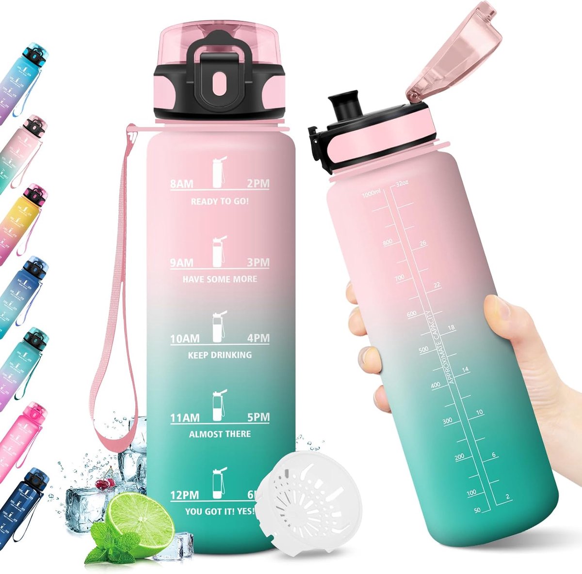 1 liter motiverende waterfles met filter, BPA-vrij, sportfles, lekvrij, voor volwassenen, sport, fietsen, reizen, fitnessstudio, fietsen
